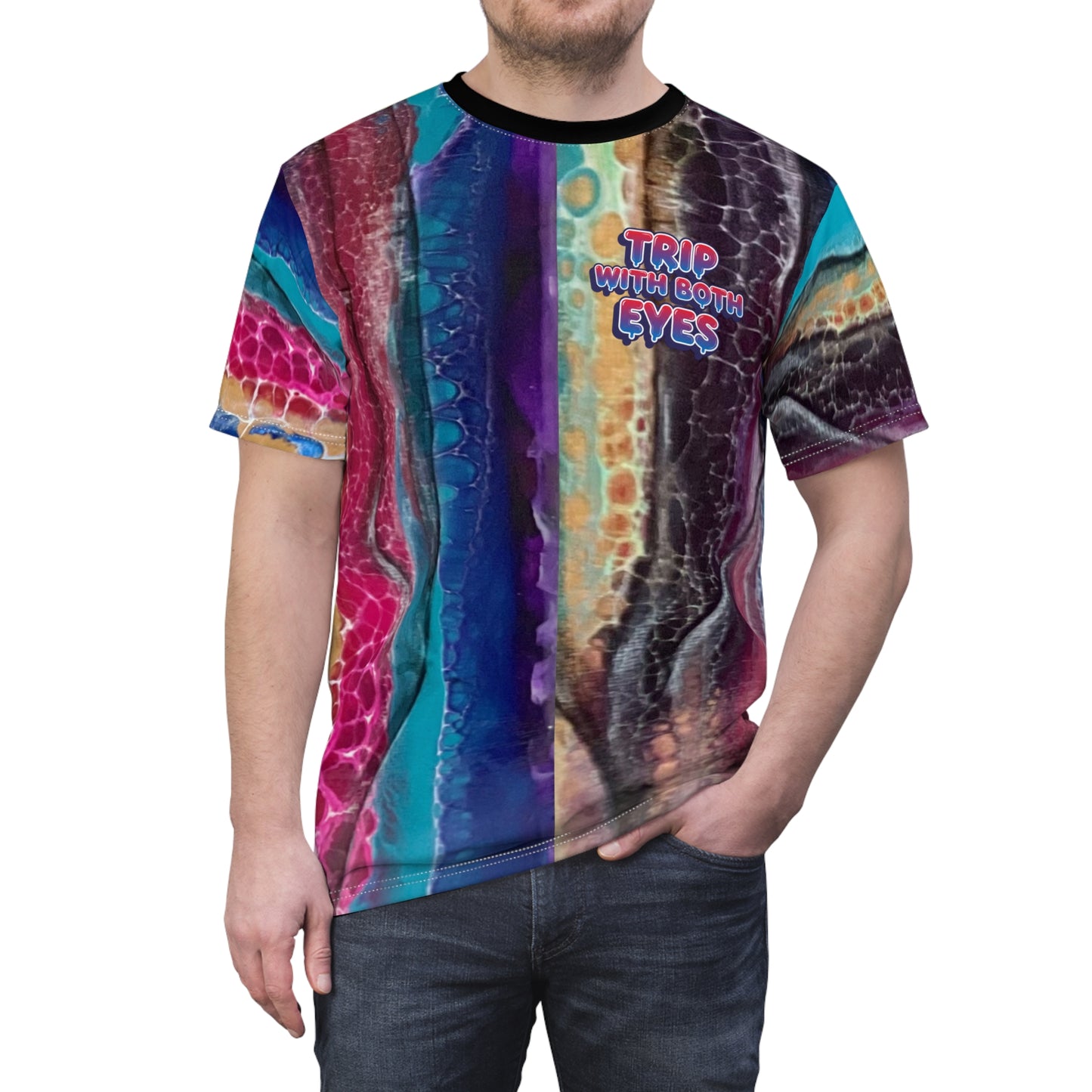 Psychedelic Marble All-Over Print Tee — "Trip With Both Eyes"